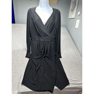 Donna Karan Size 12 Faux Wrap Sheath Dress Surplice V‎ Neck Long Sleeve Black